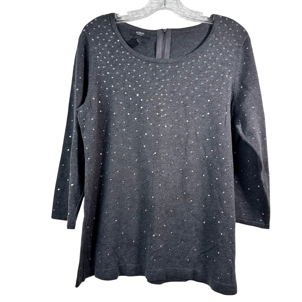 Alfani Woman Grey Rhinestone Embellished Cotton Knit Top 0X